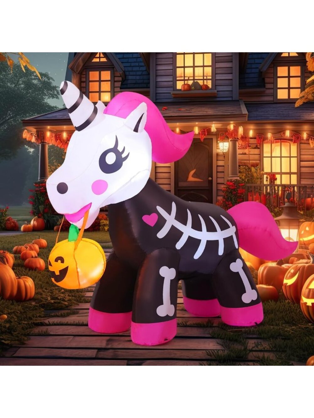 Cute 5 FT Pink Skeleton Unicorn Halloween Inflatable Yard Decor with LEDs